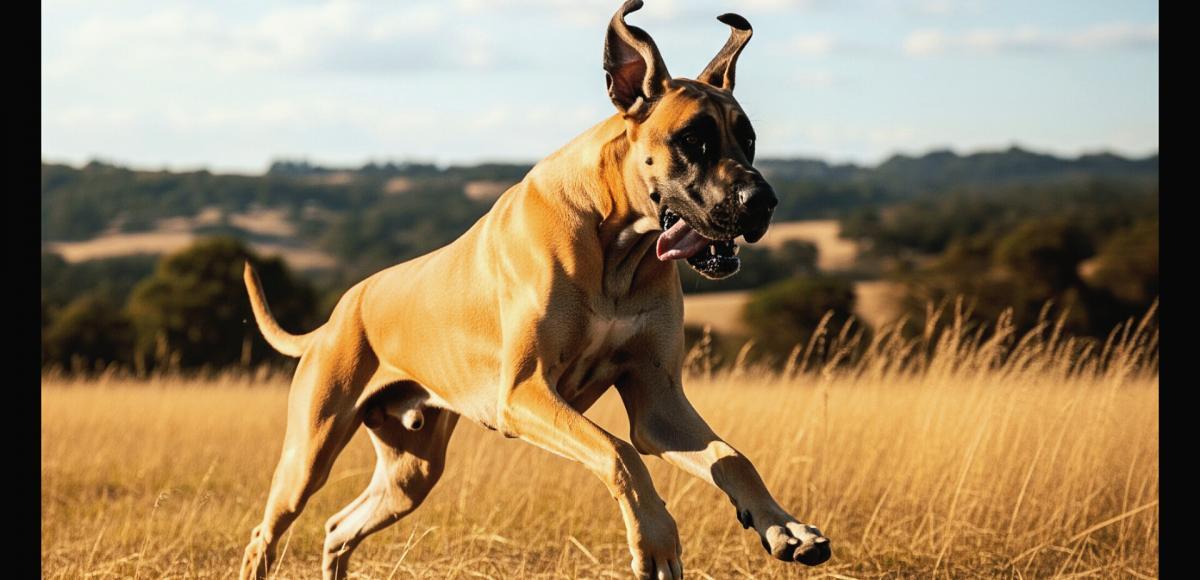 A majestic Great Dane running in a field. Should you get a Great Dane?