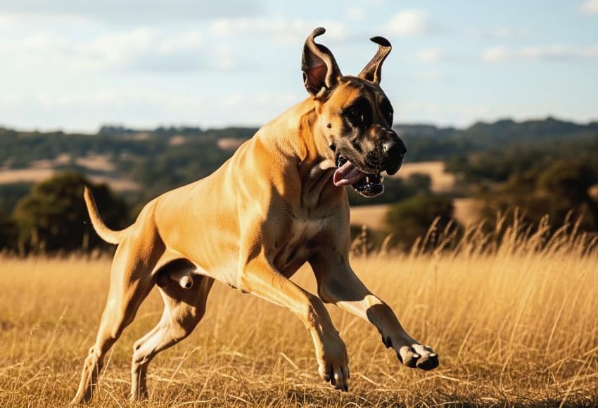 A majestic Great Dane running in a field. Should you get a Great Dane?