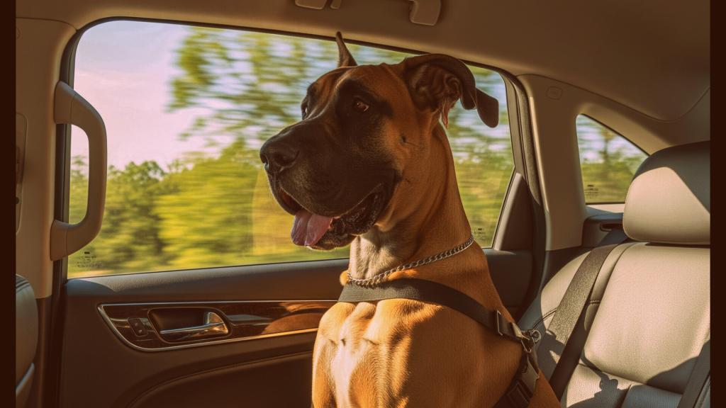 Great Dane riding in a car.  A Great Dane will take up as least as much space as an adult human which is a consideration for suitability
